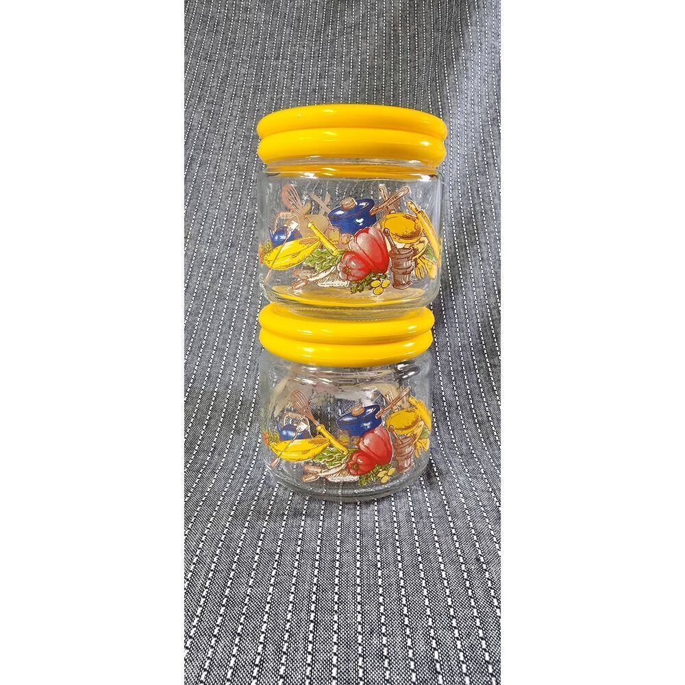 Vintage KIG ‘70s Small Lidded Canisters Vegetable & Kitchen Yellow Lid Set Of 2